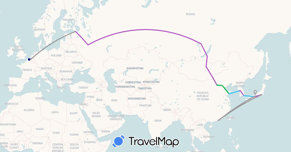 TravelMap itinerary: driving, bus, plane, train, boat in Belgium, China, France, Hong Kong, Japan, South Korea, Mongolia, Russia (Asia, Europe)